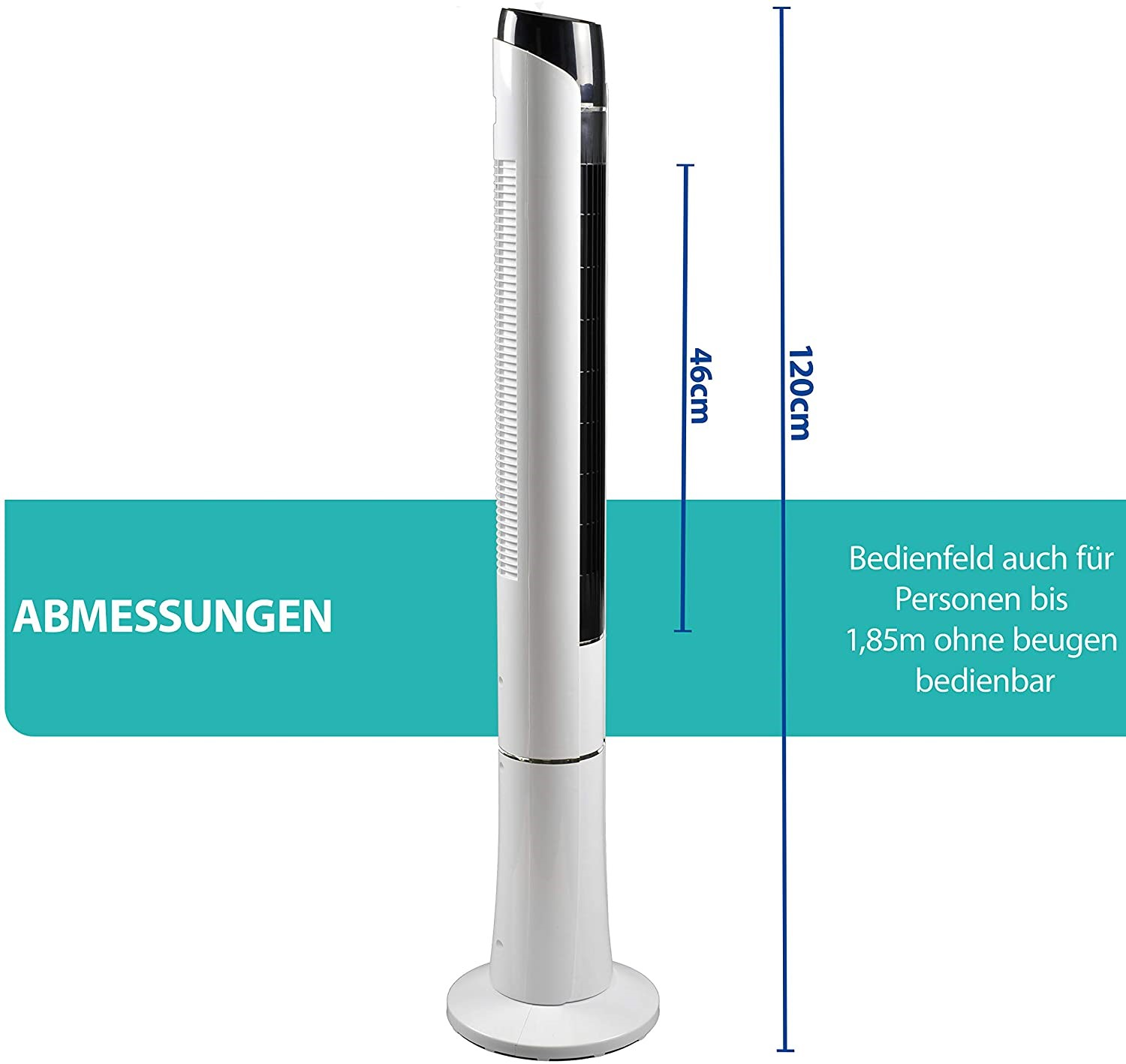 Ein hoher weiß-schwarzer Turmventilator mit Höhen- und Bedienfeldabmessungen.