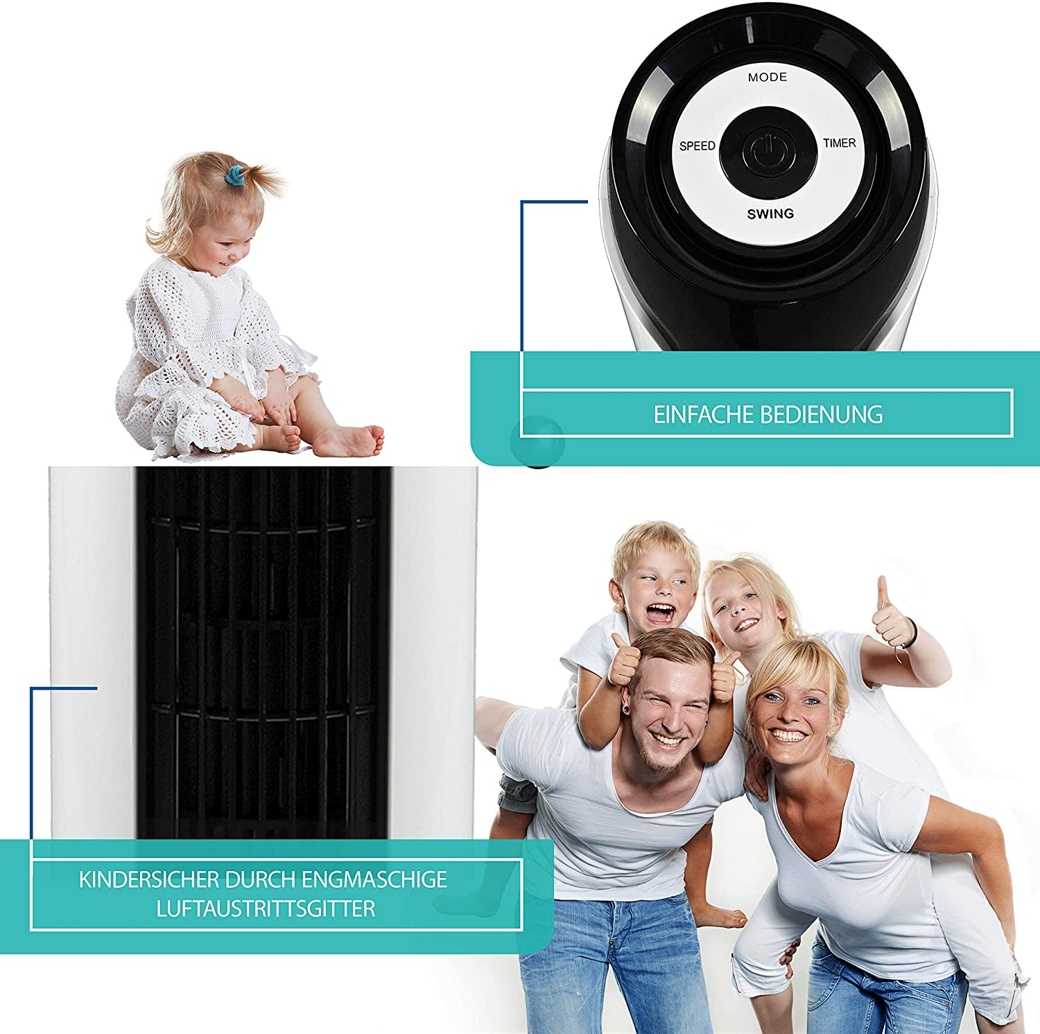 Ein Schwarz-Weiß-Bild, das ein kleines Kind, eine Familie und ein Bedienfeld zeigt.