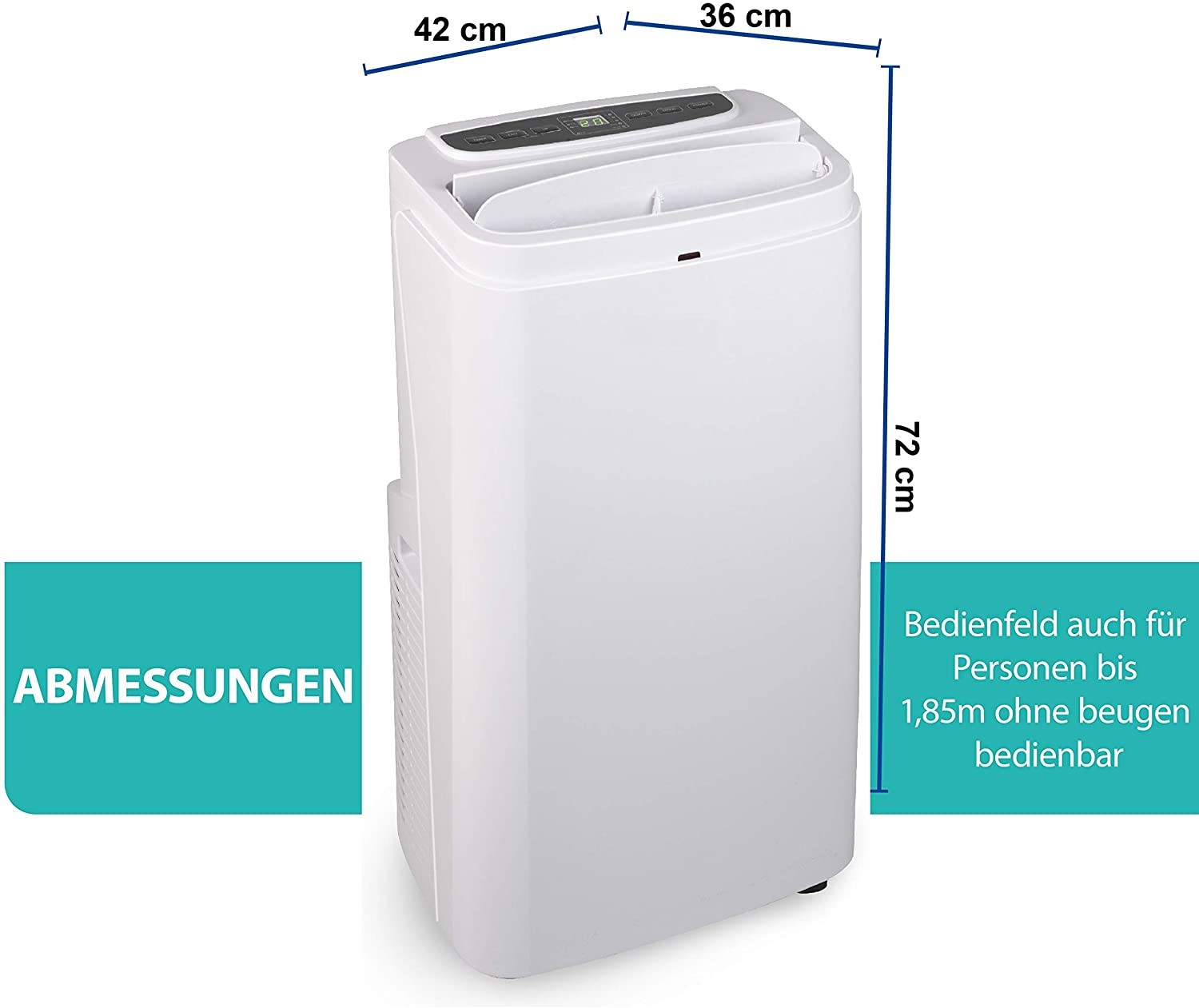 Weißer Klimaanlage. Abmessungen in cm: 42x36x72. Text: Abmessungen. Label: Bedienfeld auch für Personen.