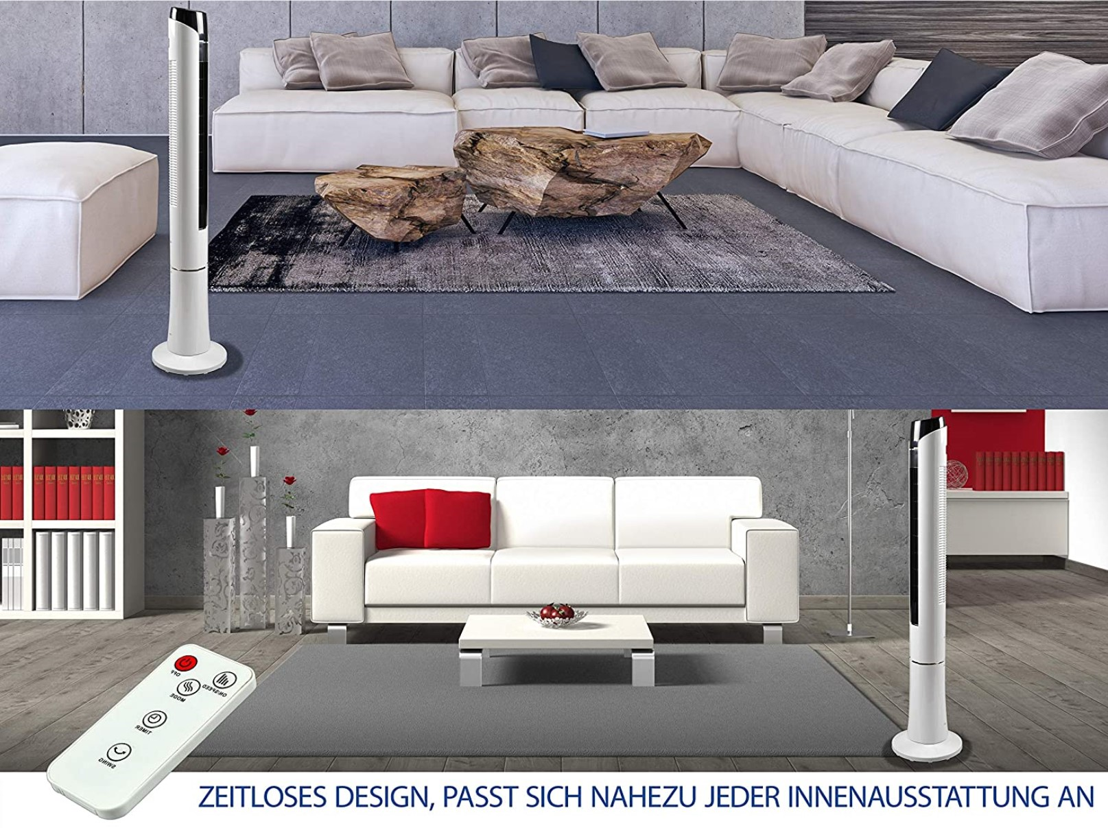 Zwei Räume mit weißer Einrichtung und Ventilator. Fernbedienung am Boden.