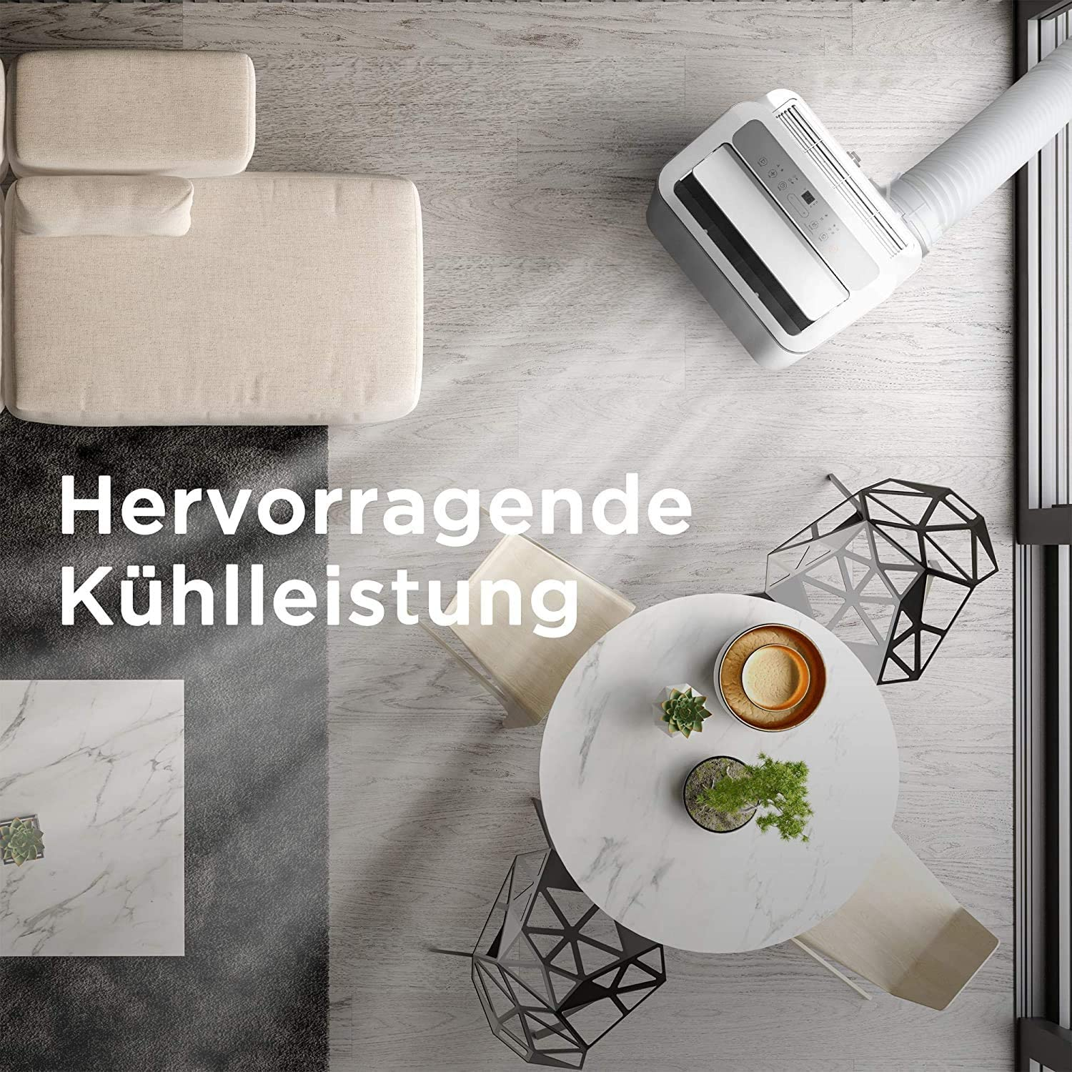 Draufsicht eines Zimmers mit Möbeln und einer Klimaanlage.