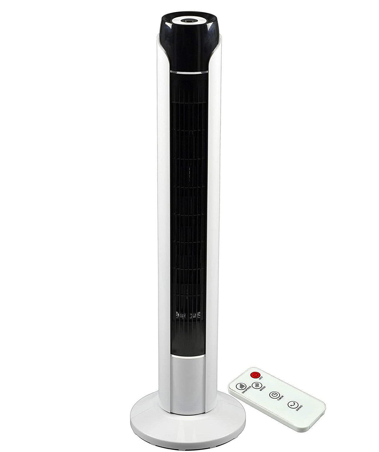 Weißer Turmventilator mit schwarzen Akzenten und Fernbedienung. Der Ventilator steht auf einem weißen Sockel und der Hintergrund ist weiß.
