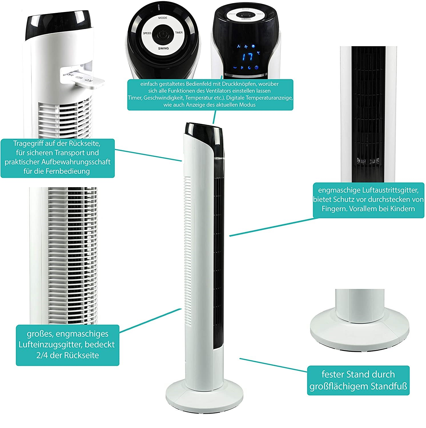 Weißer und schwarzer Turmventilator. Enthält Beschreibungen der Funktionen des Ventilators.