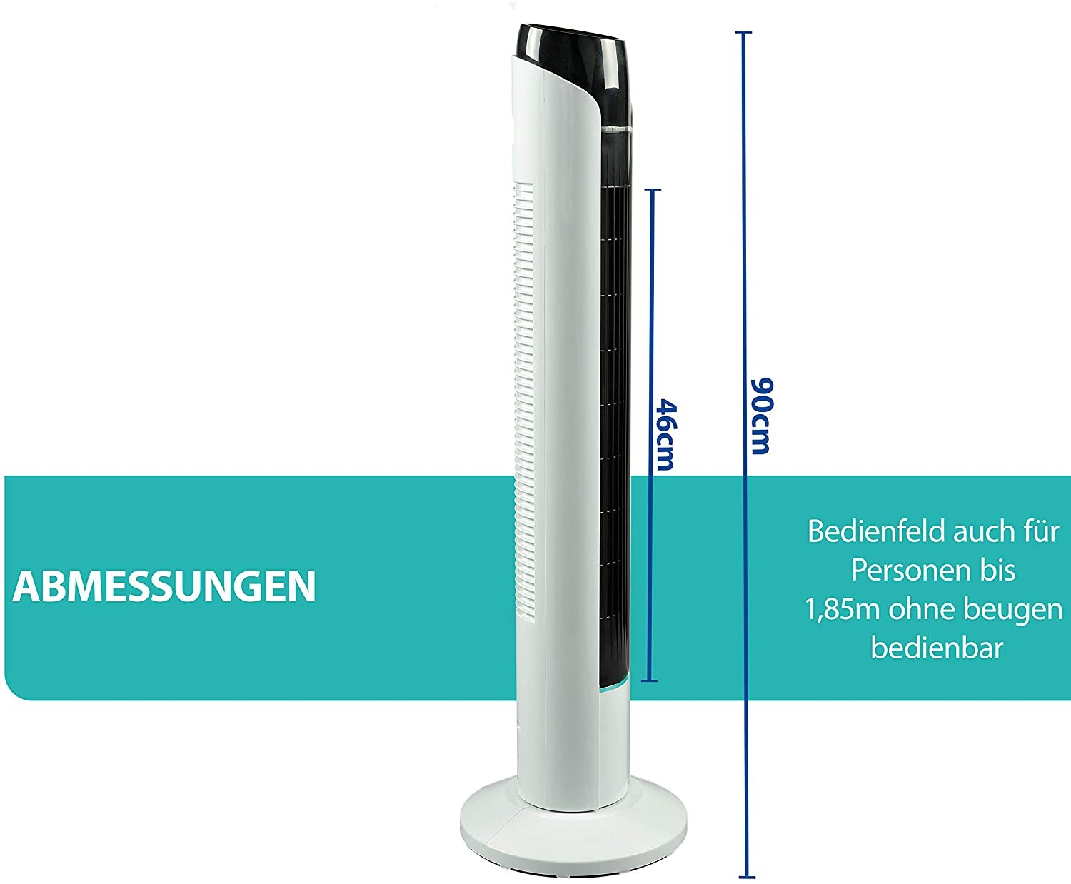 Weiß-schwarzer Turmventilator mit Maßen in cm. Text auf Deutsch.