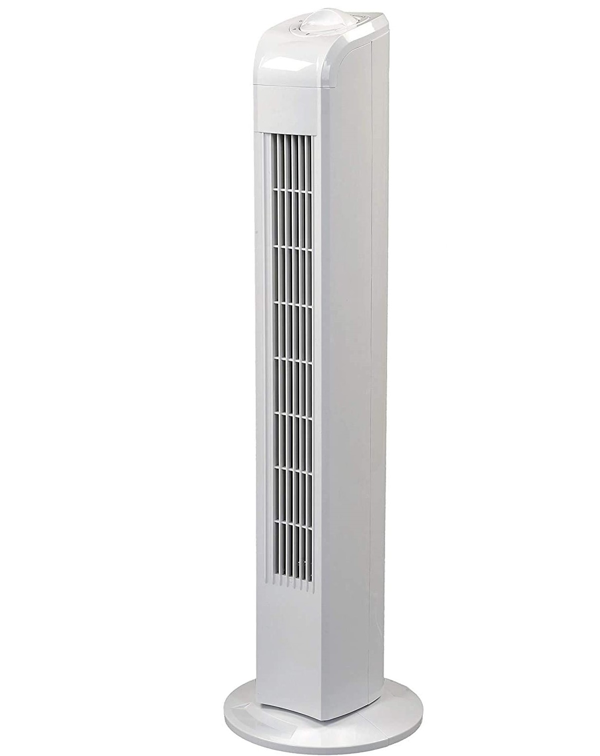 Ein weißer Turmventilator mit vertikalen Lüftungsschlitzen und einem kreisförmigen Sockel.