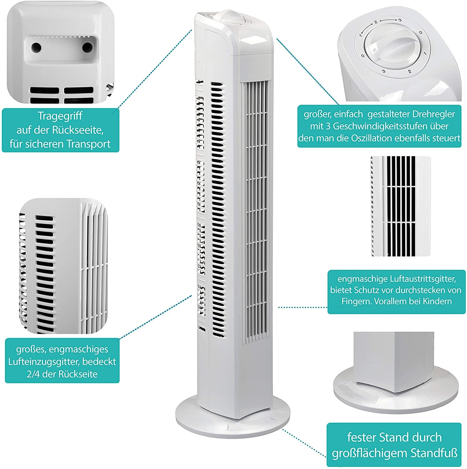 Ein weißer Turmventilator mit detaillierten Teilen. Ein weißer Sockel und ein Bedienfeld.