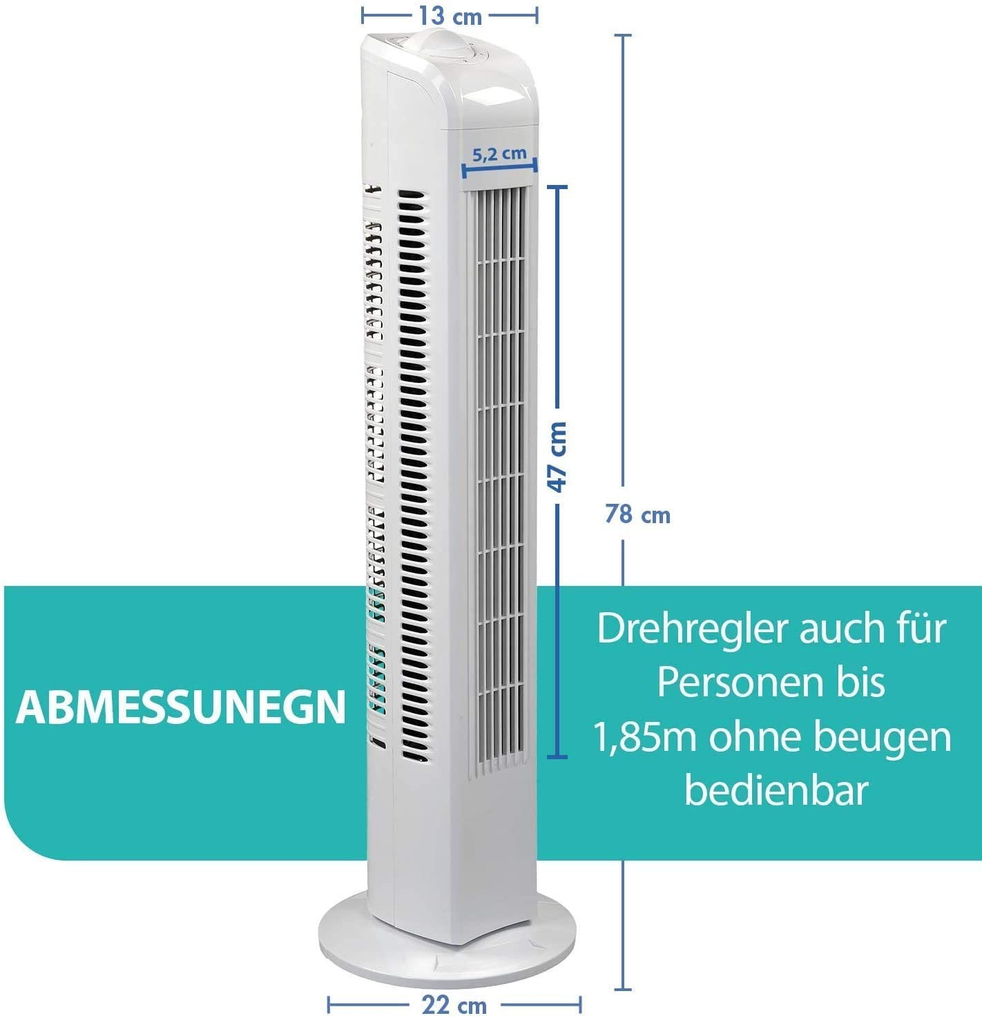 Ein weißer Turmventilator mit Maßen und Text auf hellblauem Hintergrund.