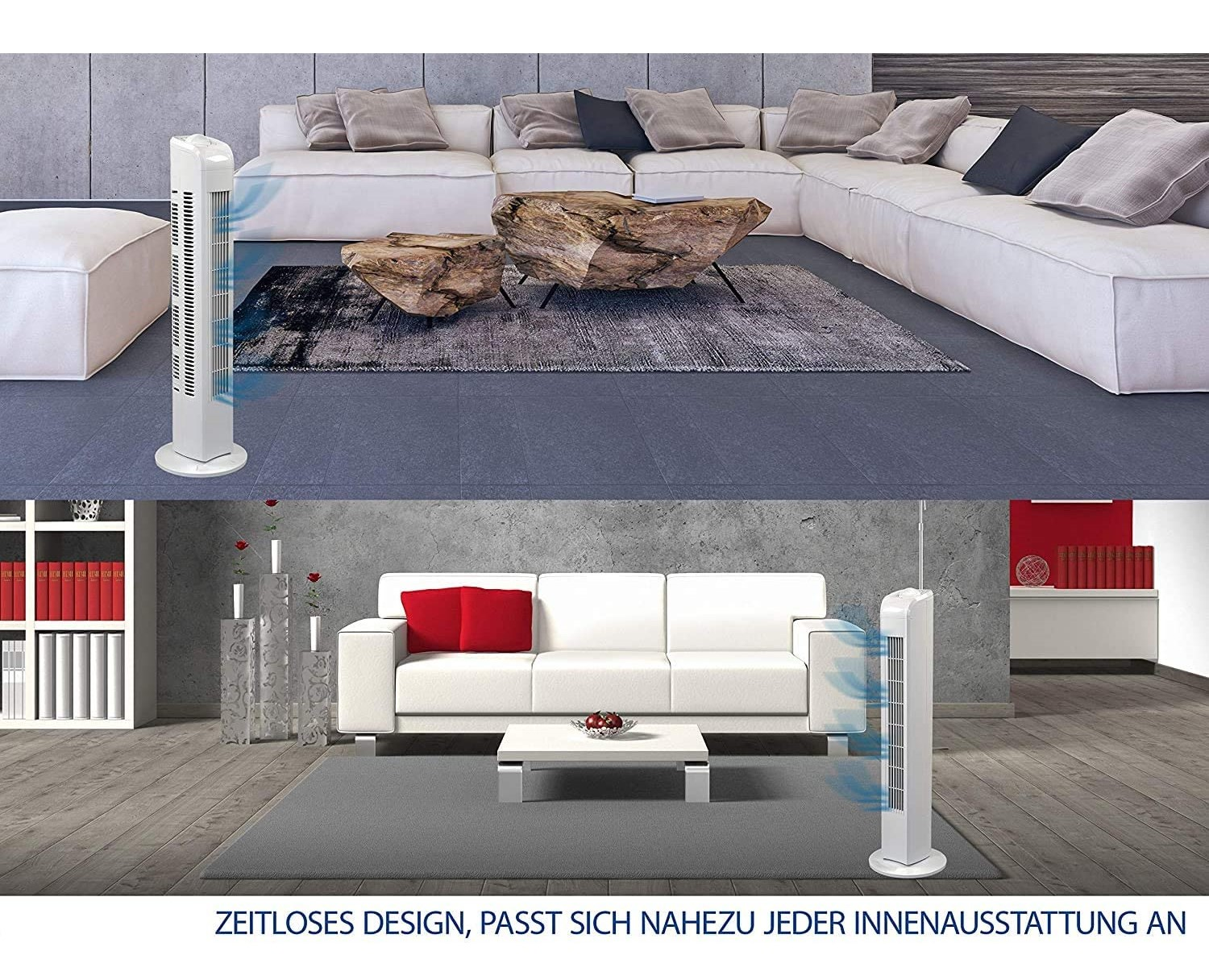 Zwei Bilder zeigen einen weißen Turmventilator in einem Wohnzimmer. Zeigt verschiedene Raumästhetiken.