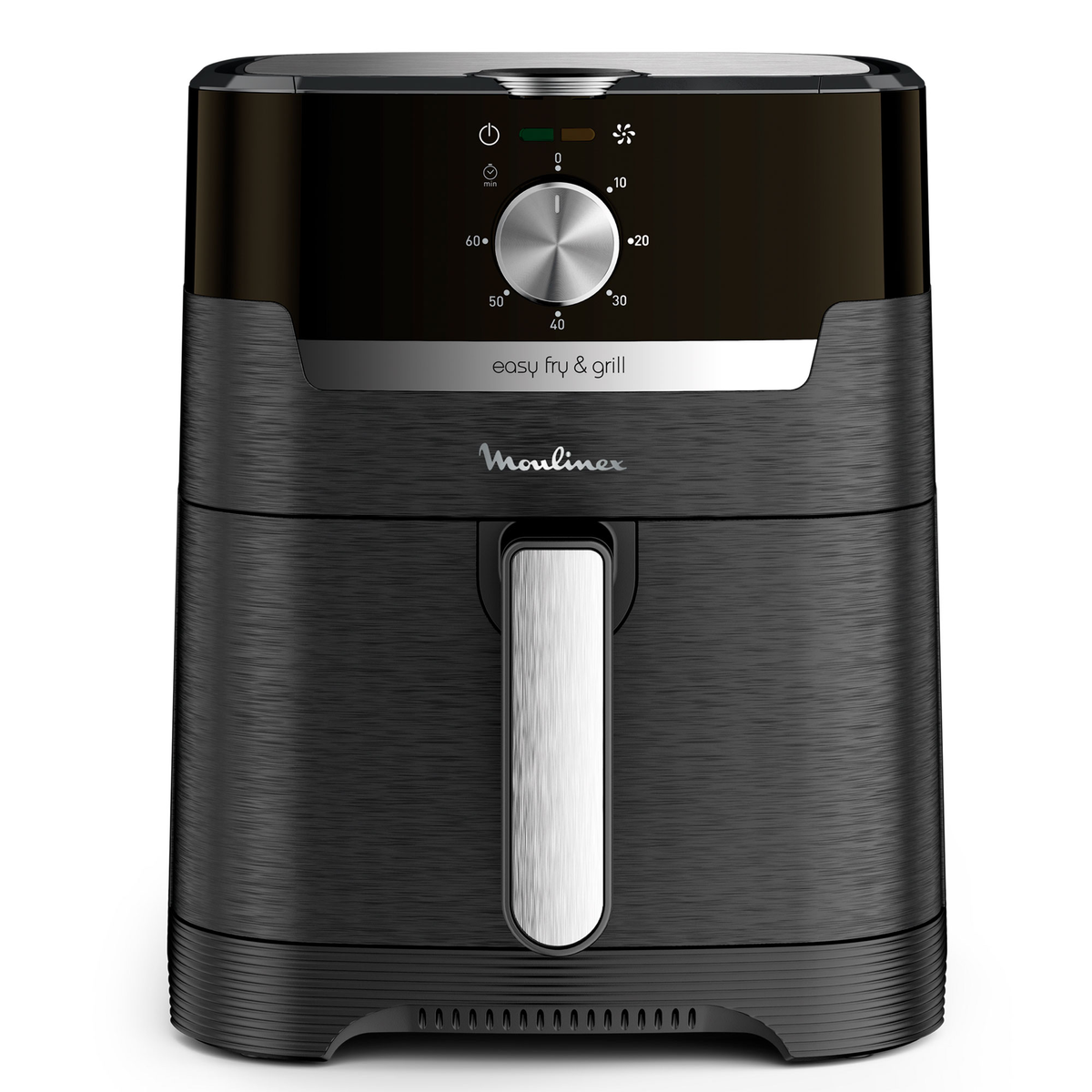 Czarna frytkownica powietrzna i grill Moulinex, z pokrętłem i uchwytem. Widoczne słowa "easy fry & grill".
