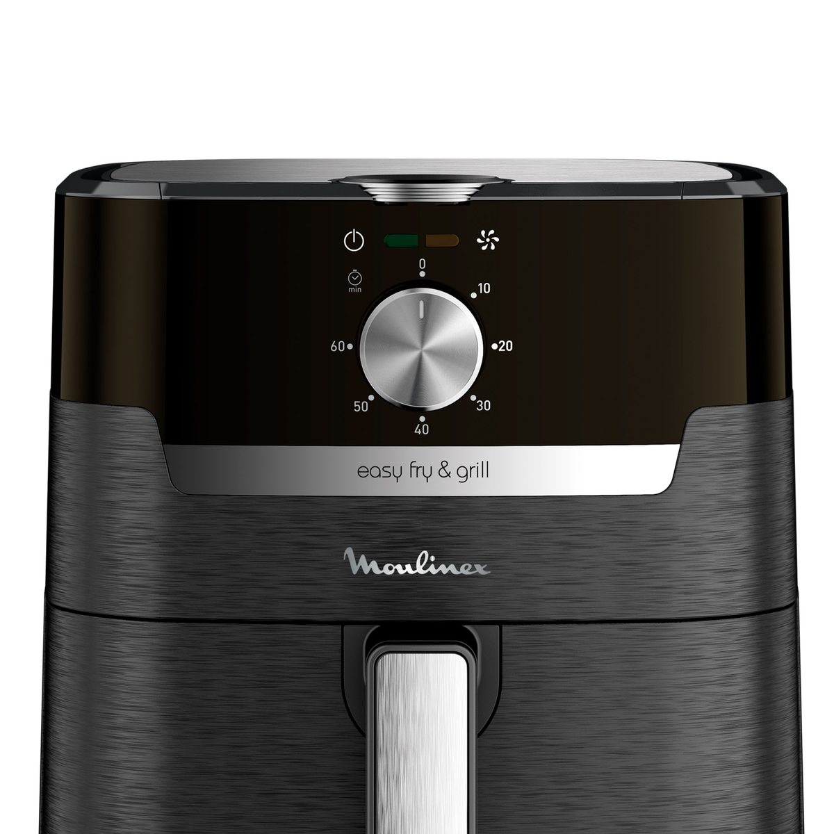 Zbliżenie czarnej frytownicy powietrznej z pokrętłem i przyciskami na górze.