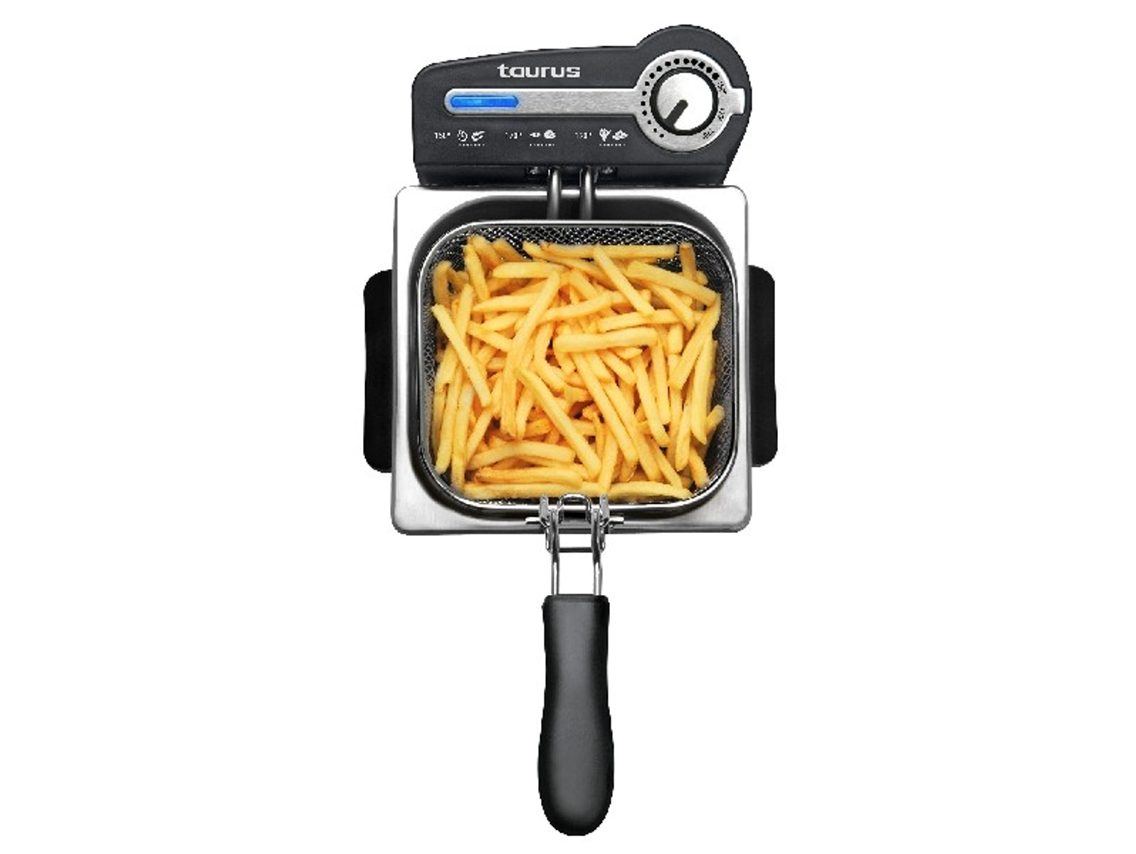 Frytownica z koszem frytek. Widok z góry, stal nierdzewna z czarnym uchwytem.