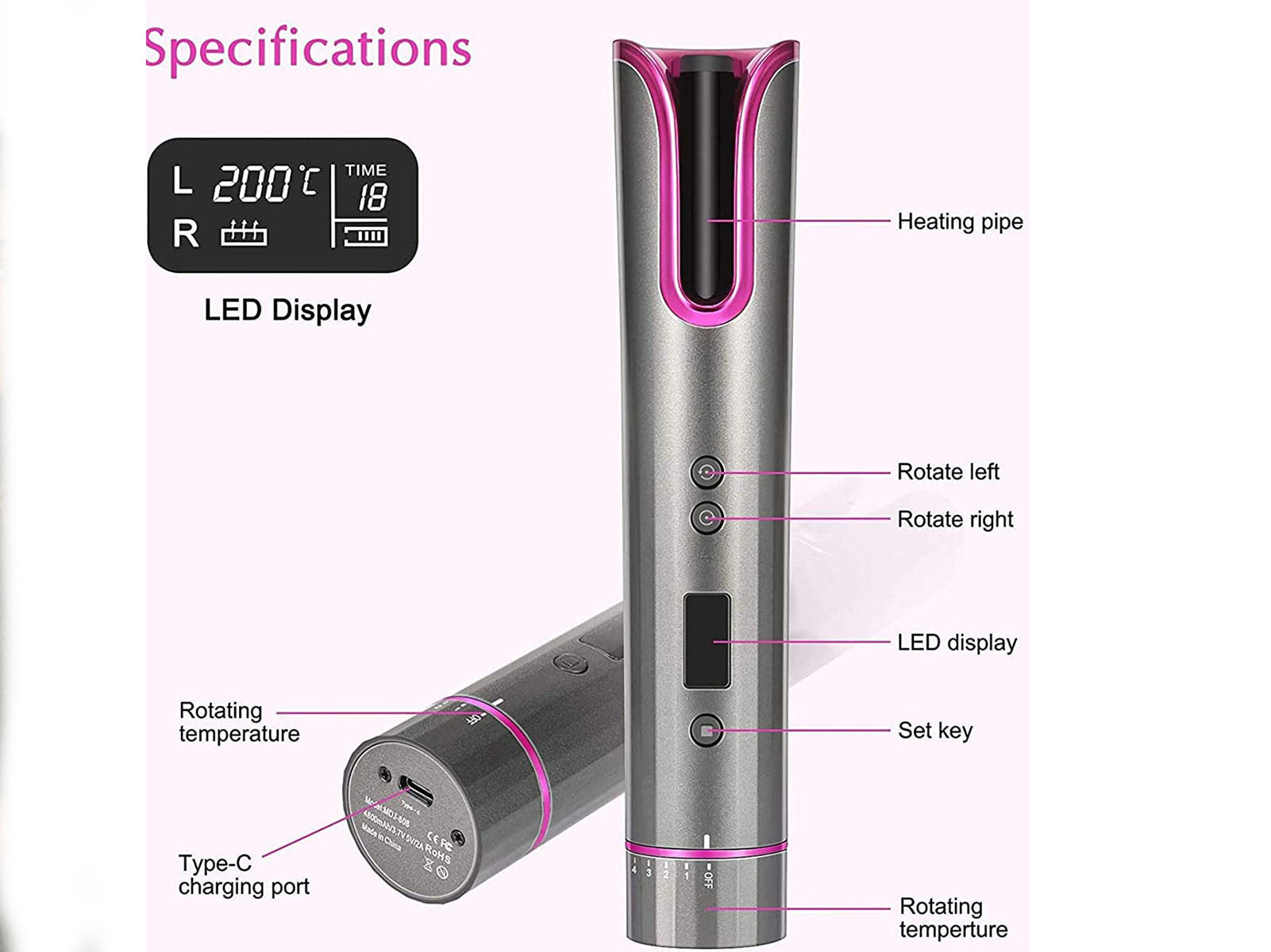 Rizador de pelo gris y rosa con pantalla LED y funciones etiquetadas.