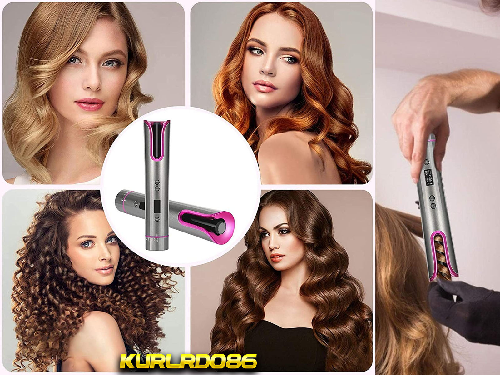 Rizador de pelo con múltiples mujeres con cabello rizado y una persona rizando el pelo.