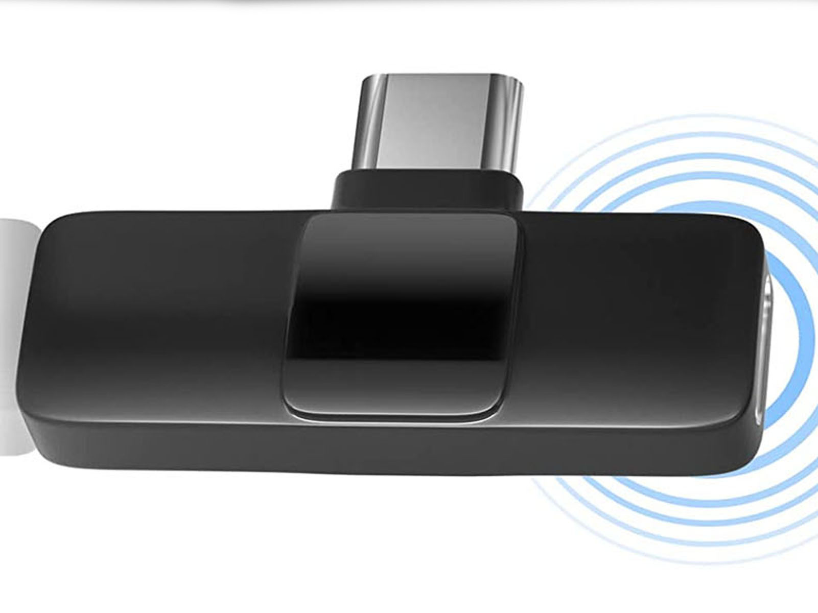 Adaptador USB-C negro con una pequeña sección rectangular negra. Fondo blanco, círculos azules.