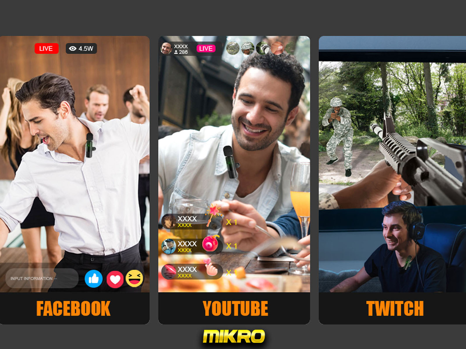 Tres pantallas mostrando transmisiones en vivo en Facebook, YouTube y Twitch, con personas usando micros Mikro.