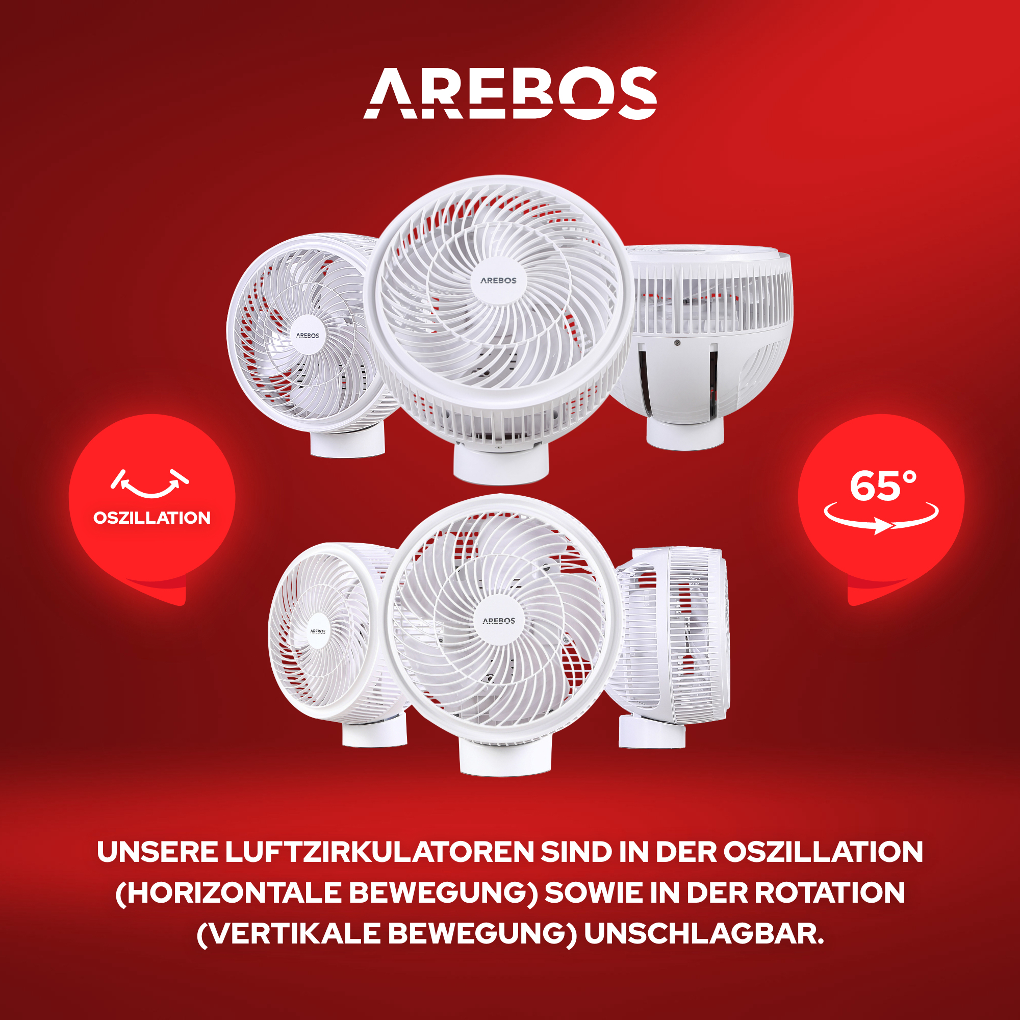 Mehrere weiße Ventilatoren vor rotem Hintergrund. Text zeigt Oszillation und Rotation.