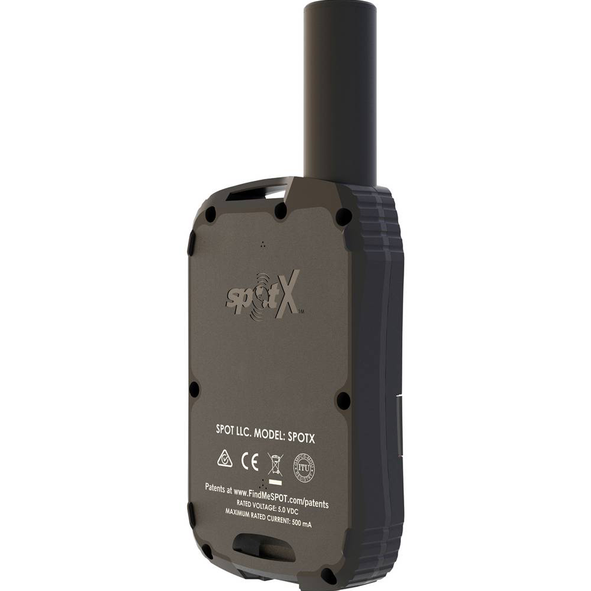 Schwarzes SPOTX-GPS-Gerät mit Antenne. Es zeigt das Logo der Marke und andere Spezifikationen.
