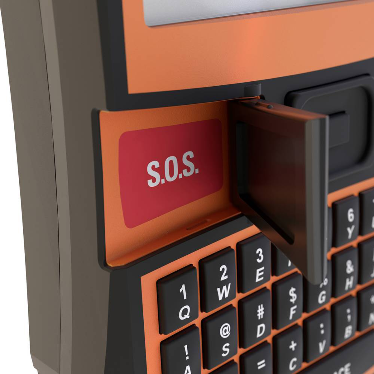 Nahaufnahme eines orange-schwarzen Telefons mit geöffneter SOS-Taste.