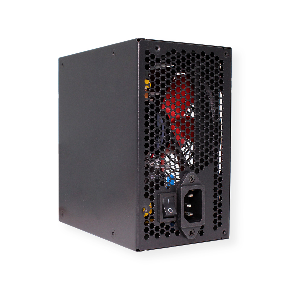 Czarny zasilacz komputerowy, metalowa siatka z tyłu, włącznik/wyłącznik i port zasilania.