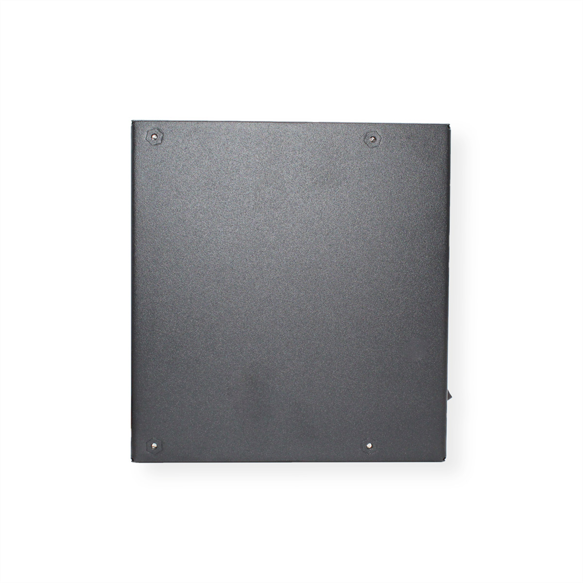 Ciemnoszara metalowa skrzynka z otworami na śruby na białym tle.