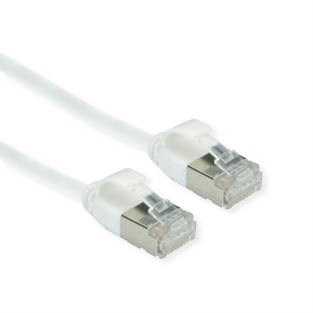 Biały kabel Ethernet z wtyczkami. Białe tło.