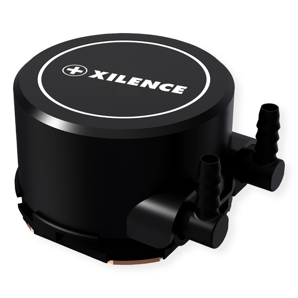 Schwarzer Xilence Wasserkühler für einen Computerprozessor, mit rundem Logo.