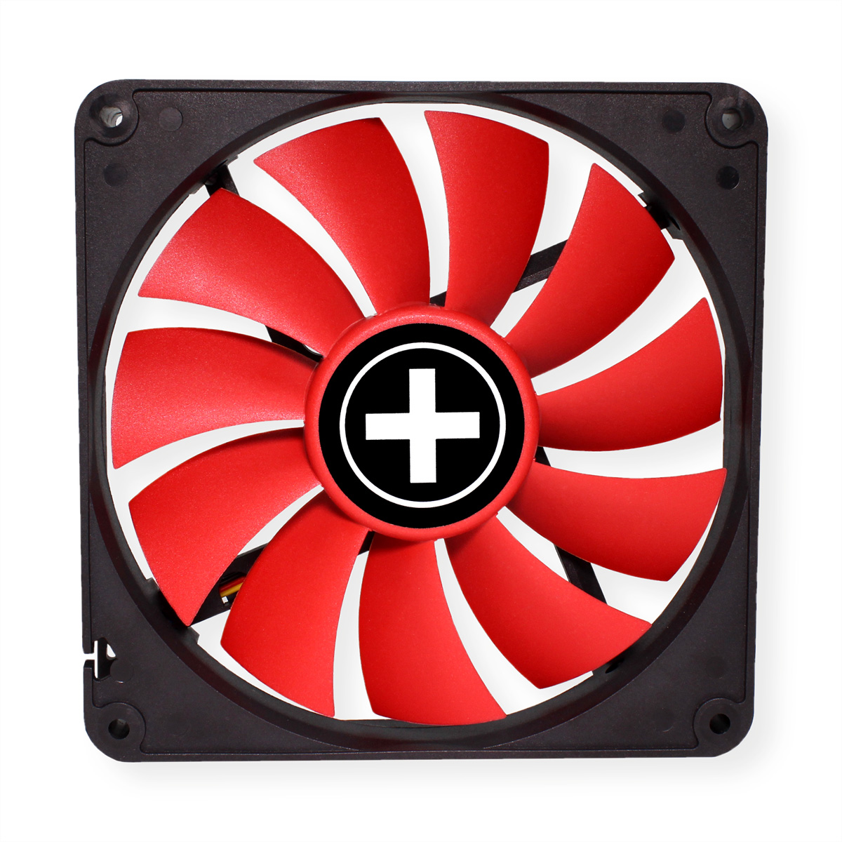 Zwarte computerventilator met rode bladen en een wit plus teken in het midden.