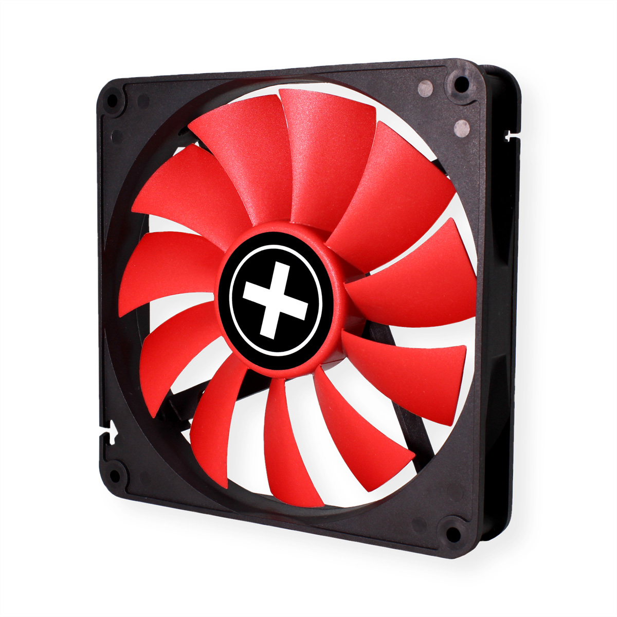 Een computerventilator met een rood blad en een wit kruislogo. Zwart frame.