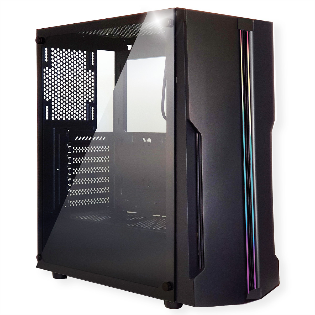 Schwarzes Computergehäuse mit Glasplatte und Seitenlichtern. Auf weißem Hintergrund.