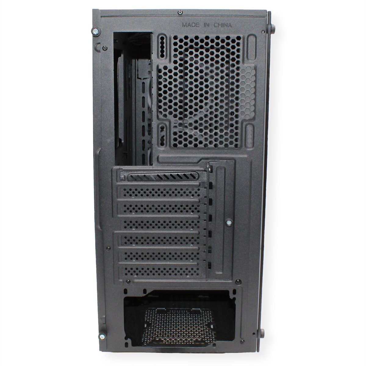 Rückseite eines schwarzen Computergehäuses mit Lüfter und anderen Steckplätzen.