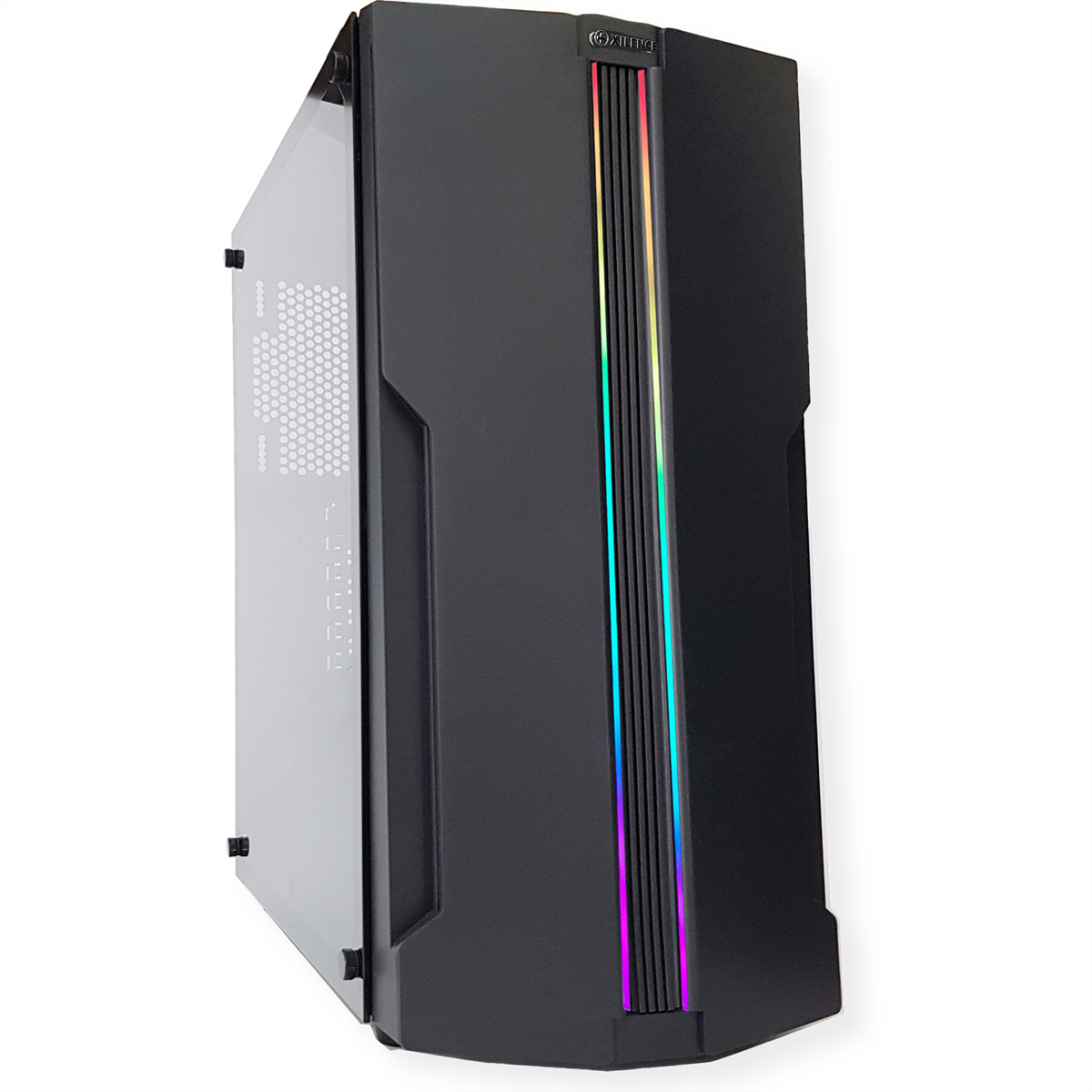 Ein schwarzer Computerturm mit einer Glasseite und bunten Lichtern entlang der Vorderseite.