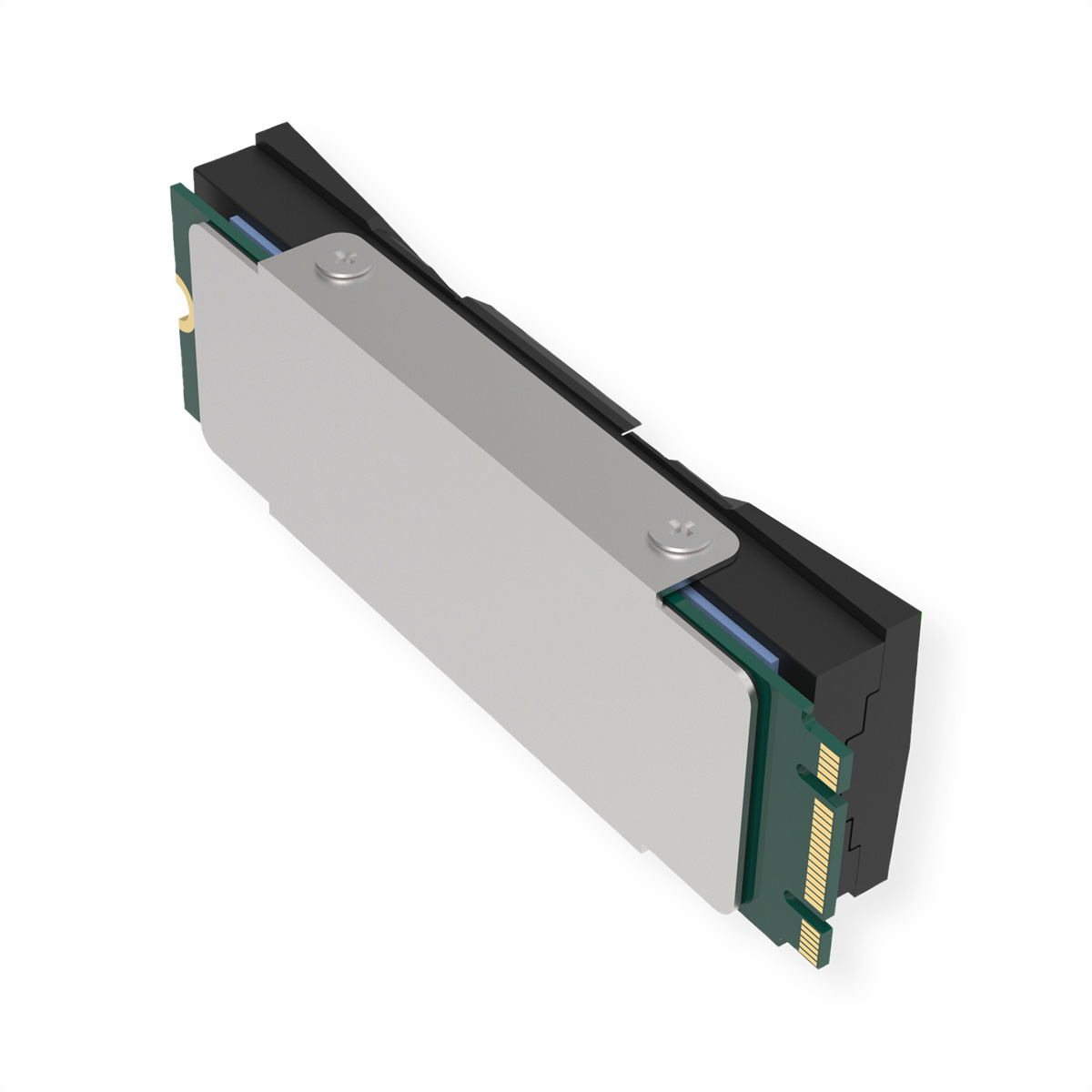 Een SSD-module met een metalen afdekking en meerdere elektronische componenten.