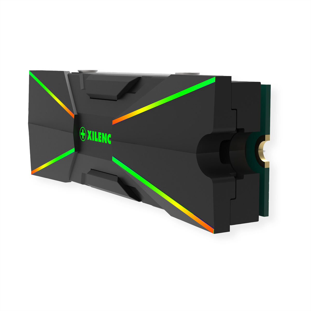 Een zwart en groen computeronderdeel met het XILENC-logo op een witte achtergrond.