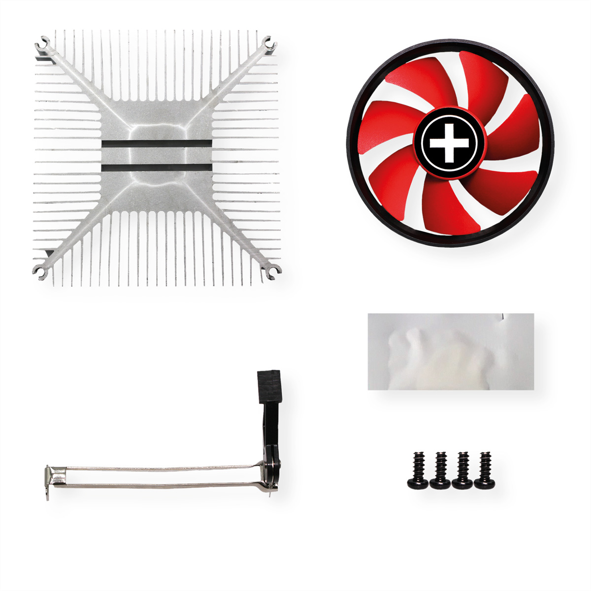 Computeronderdelen: een zilveren koellichaam, een rode ventilator, schroeven en andere onderdelen.