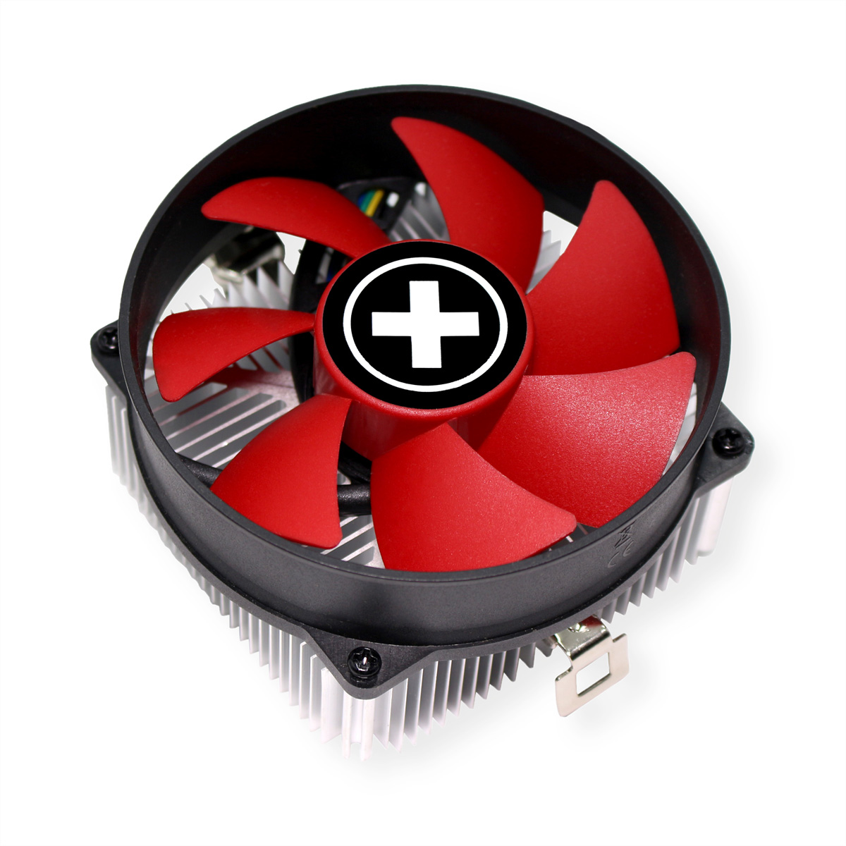 Ventirad CPU noir avec pales de ventilateur rouges et logo croix blanc.