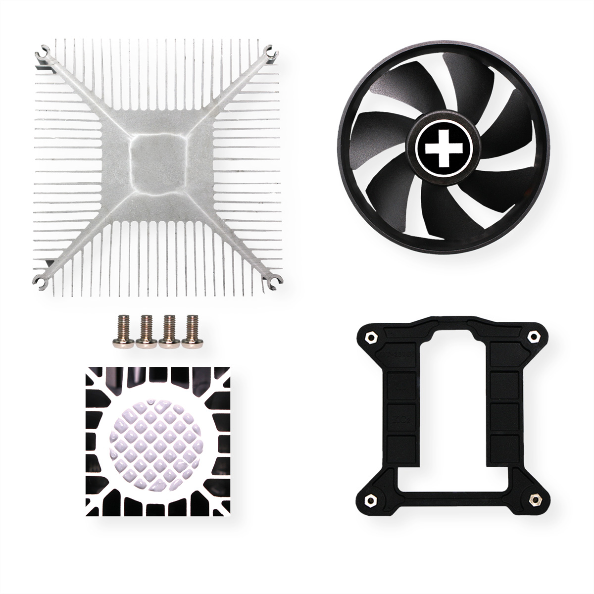 Computeronderdelen: een koellichaam, ventilator, schroeven en een frame.