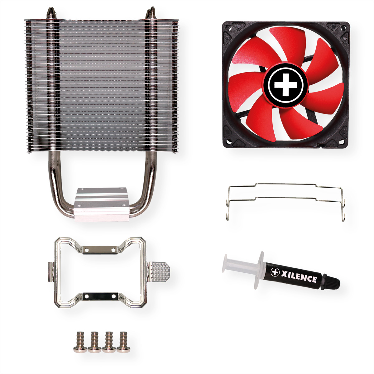 Composants de refroidissement d'ordinateur : un refroidisseur, un ventilateur, un support, des vis et de la pâte thermique.