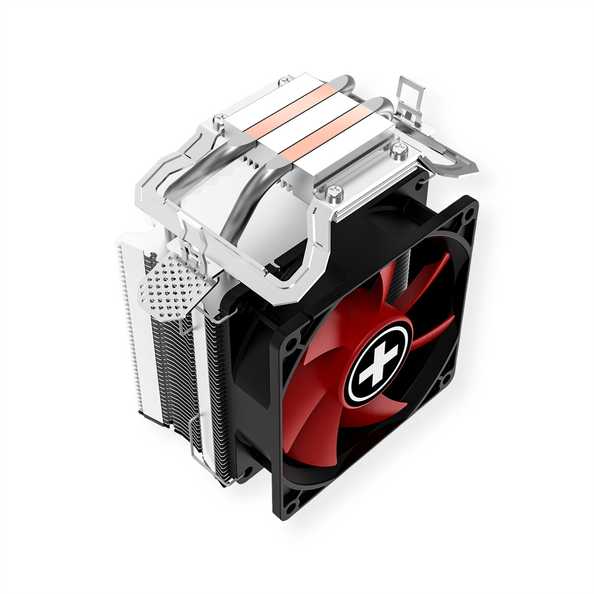 Een zwarte en rode CPU-koeler. Het heeft een ventilator met rode bladen en een zilveren koellichaam.