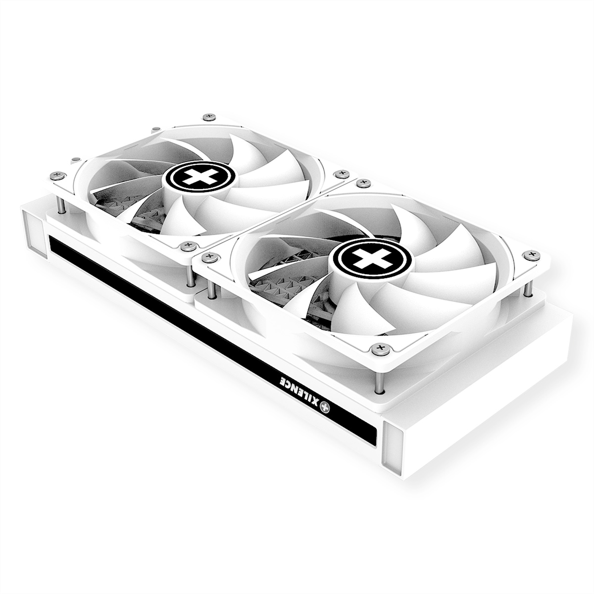 Witte computerventilatoren met X-logo's.