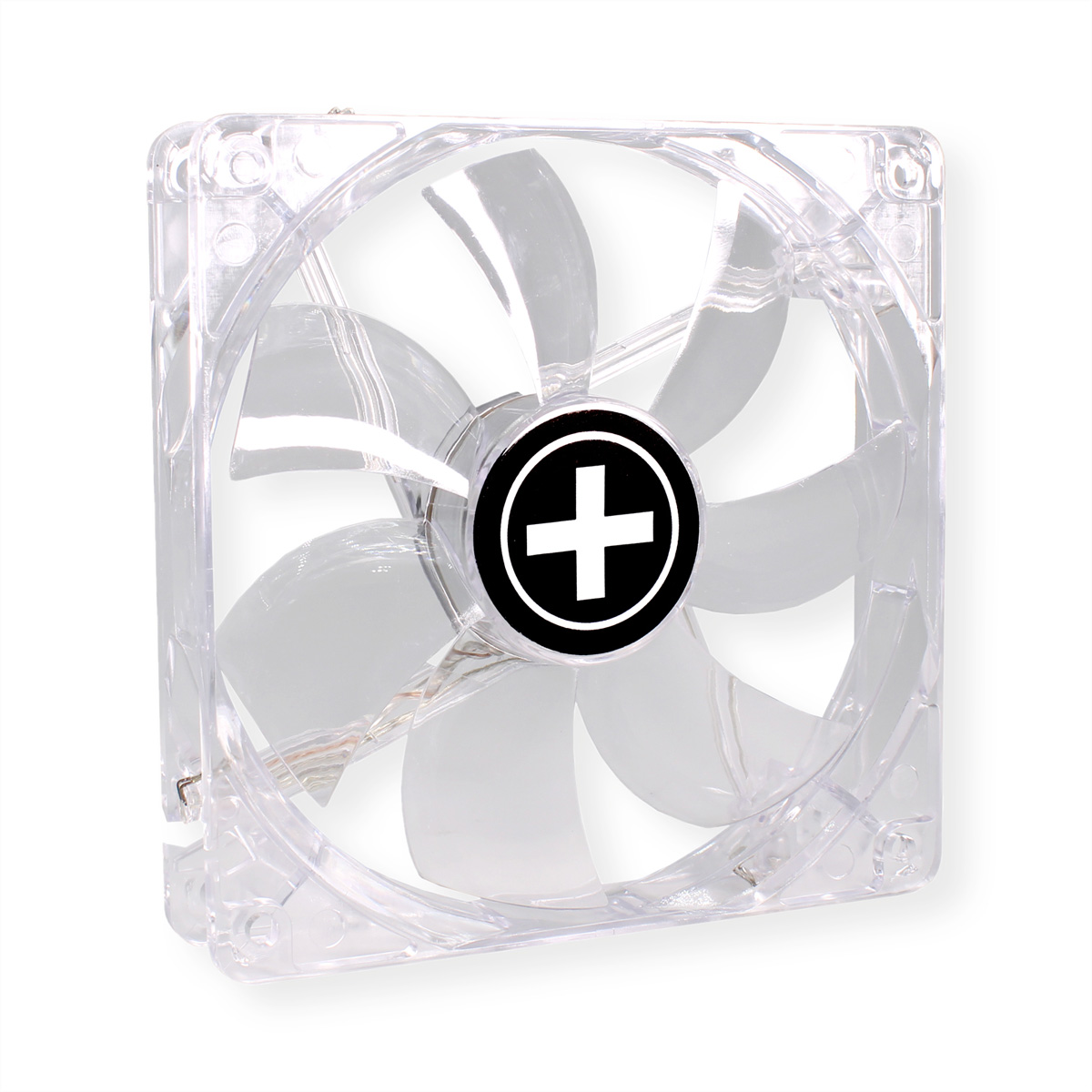 Transparenter Computerlüfter mit weißen Flügeln und einem Logo mit schwarzem Pluszeichen.