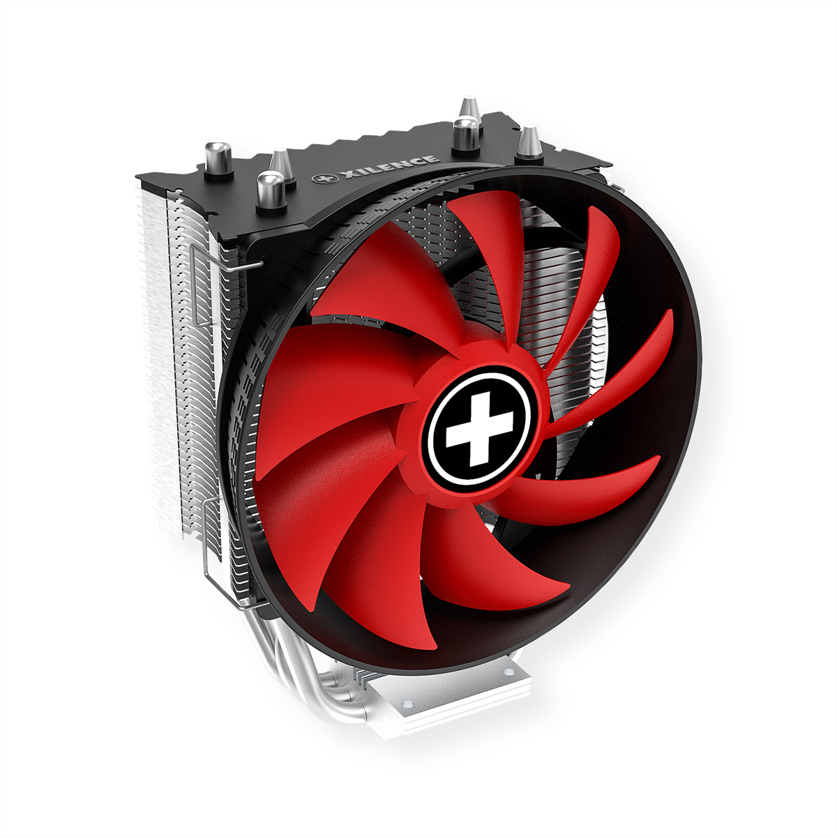 Computer-CPU-Kühler mit rotem Lüfter und schwarzem Kühlkörper.