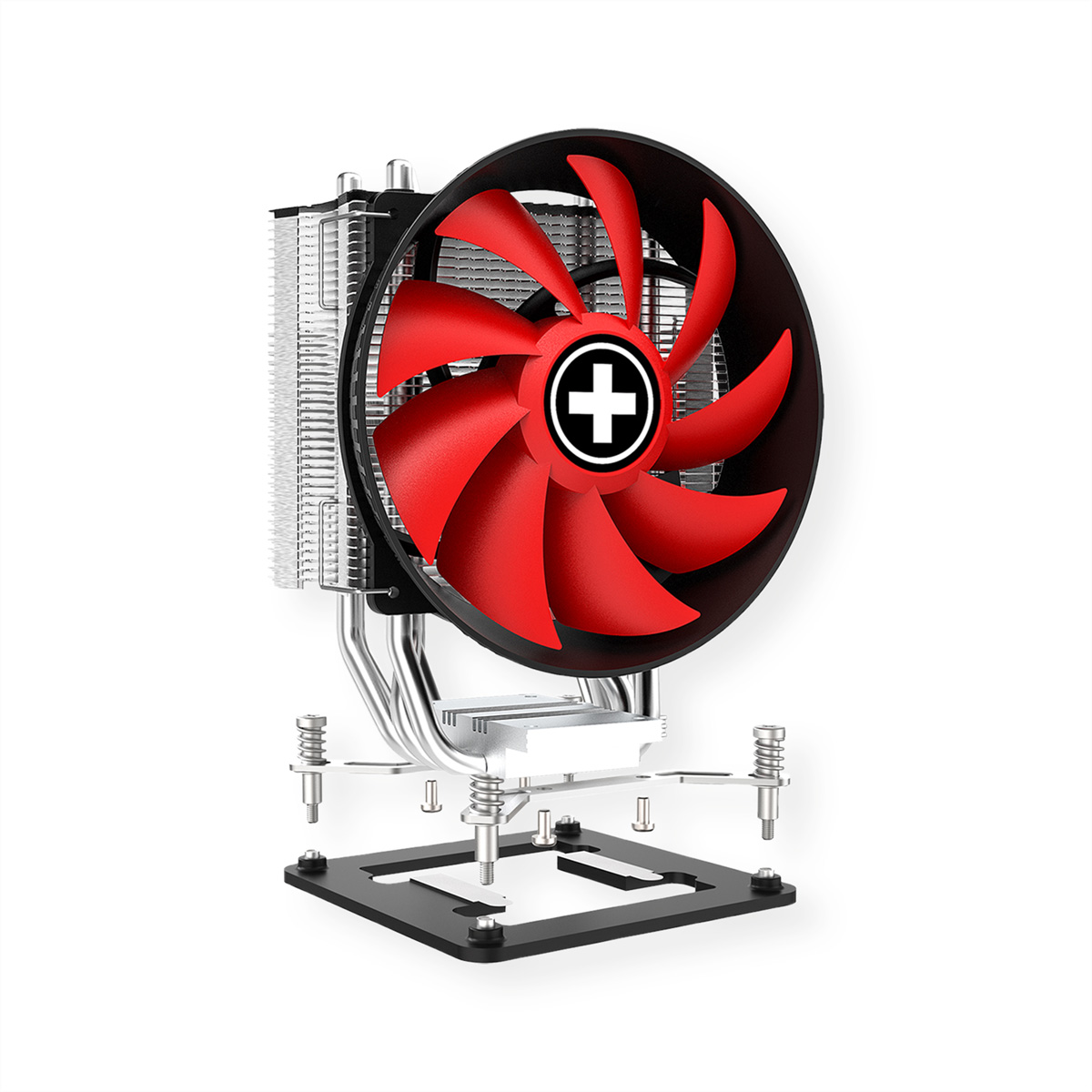 Ein roter CPU-Lüfter mit weißem Kreuzsymbol, montiert auf schwarzer Basis und Kühlrippen.