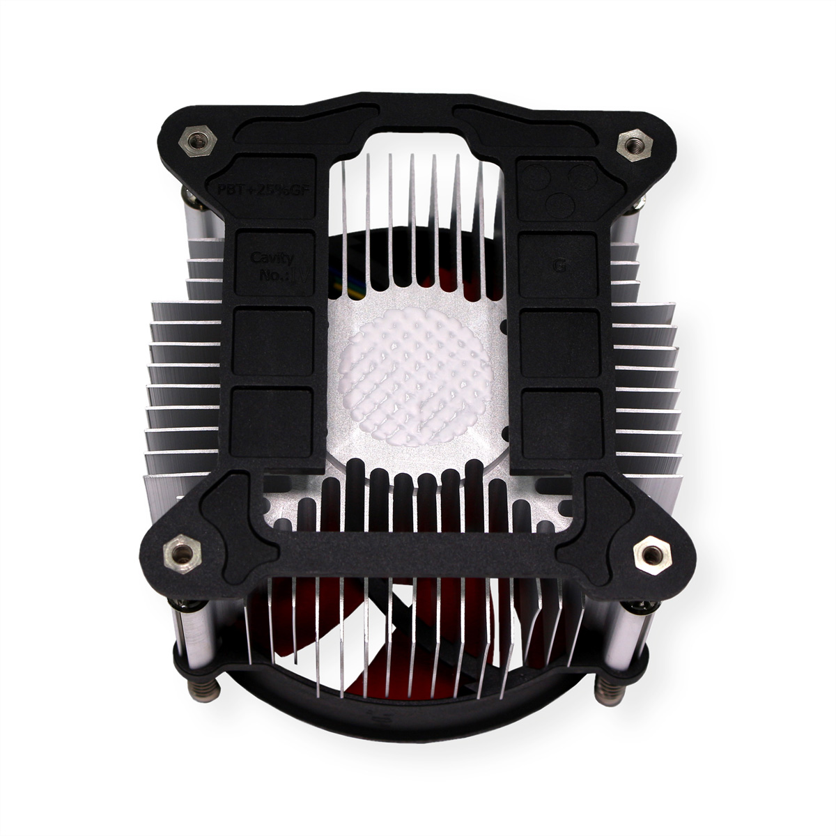 Draufsicht auf einen CPU-Kühler mit Rippen, einem schwarzen Rahmen und einem roten Lüfter.