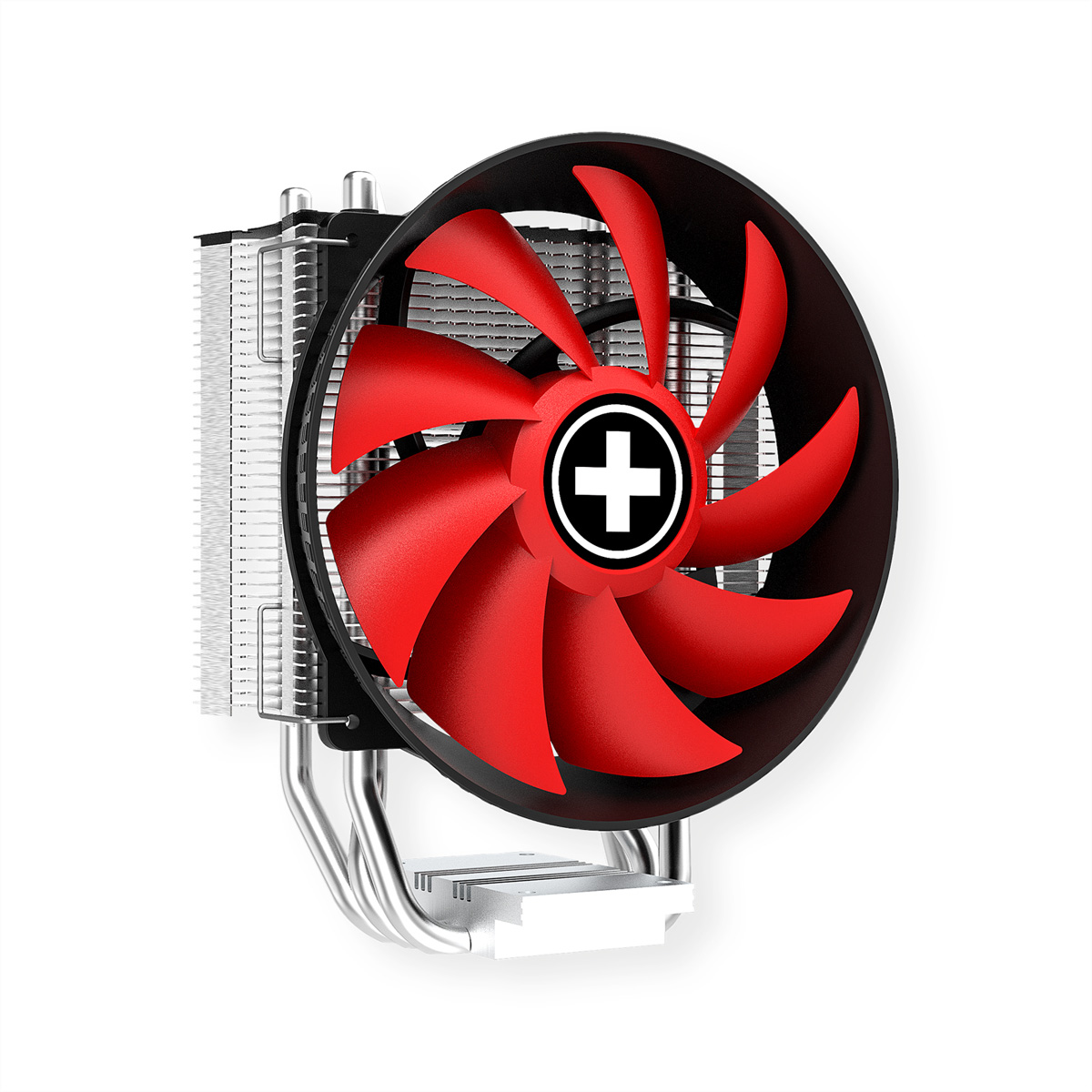 CPU-Kühler mit rotem Lüfter, Aluminium-Kühlkörper und Kupfer-Heatpipes auf weißem Hintergrund.