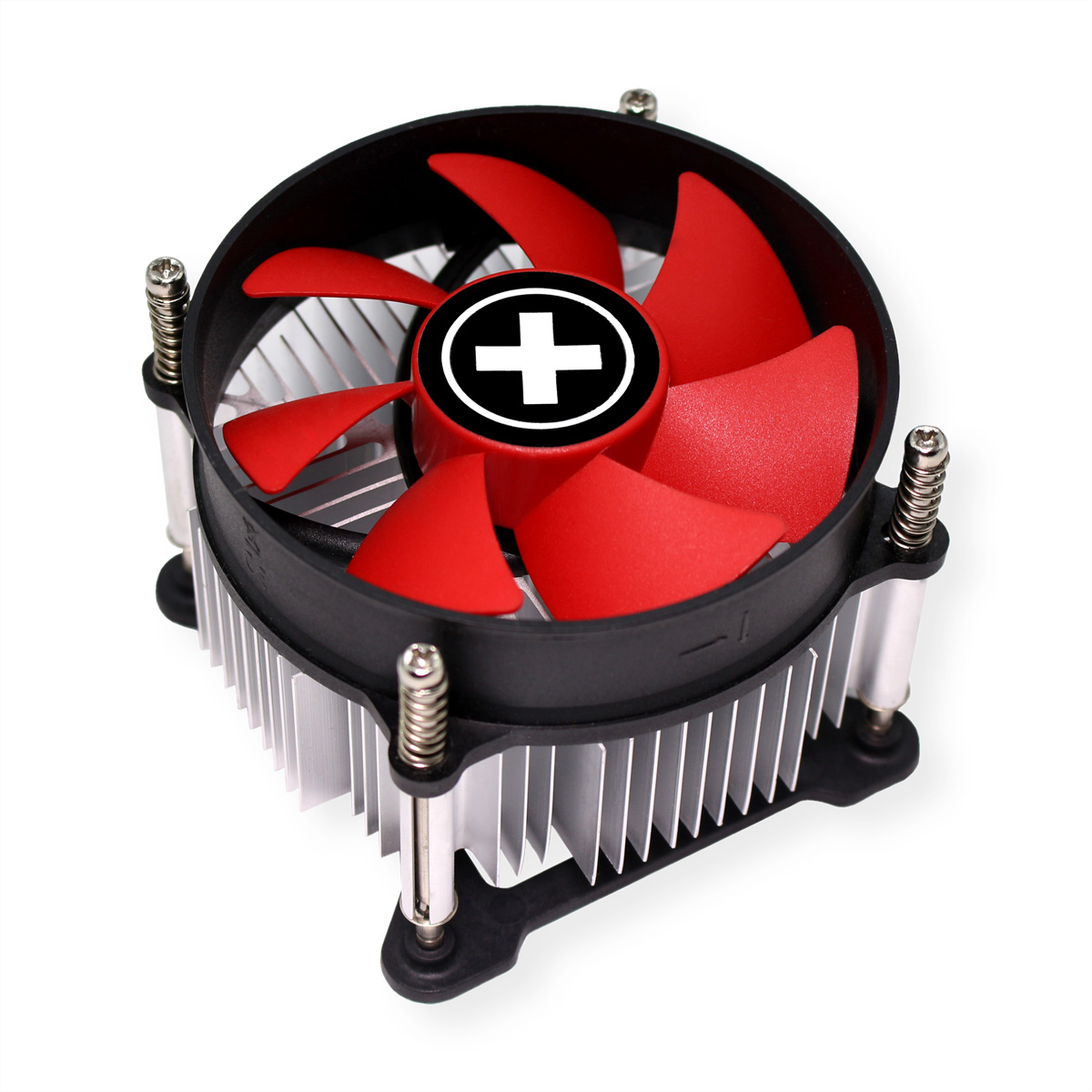 Ein Computerlüfter mit roten Flügeln und schwarzem Rahmen, silbernem Kühlkörper, weißer Hintergrund.