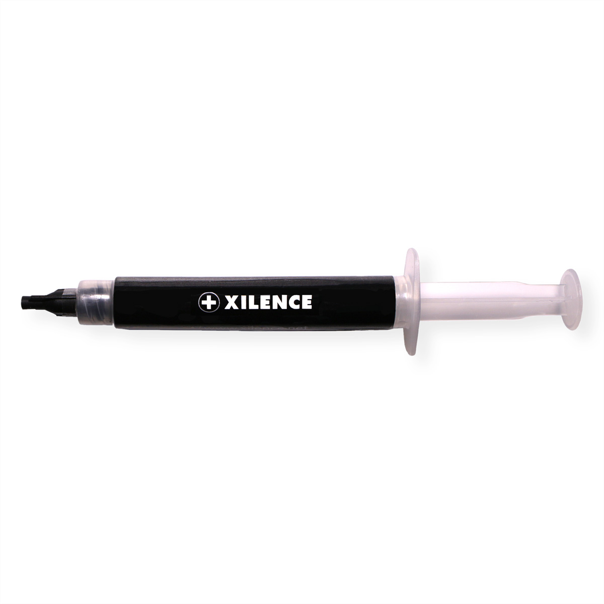 Une seringue noire et blanche avec le mot Xilence.