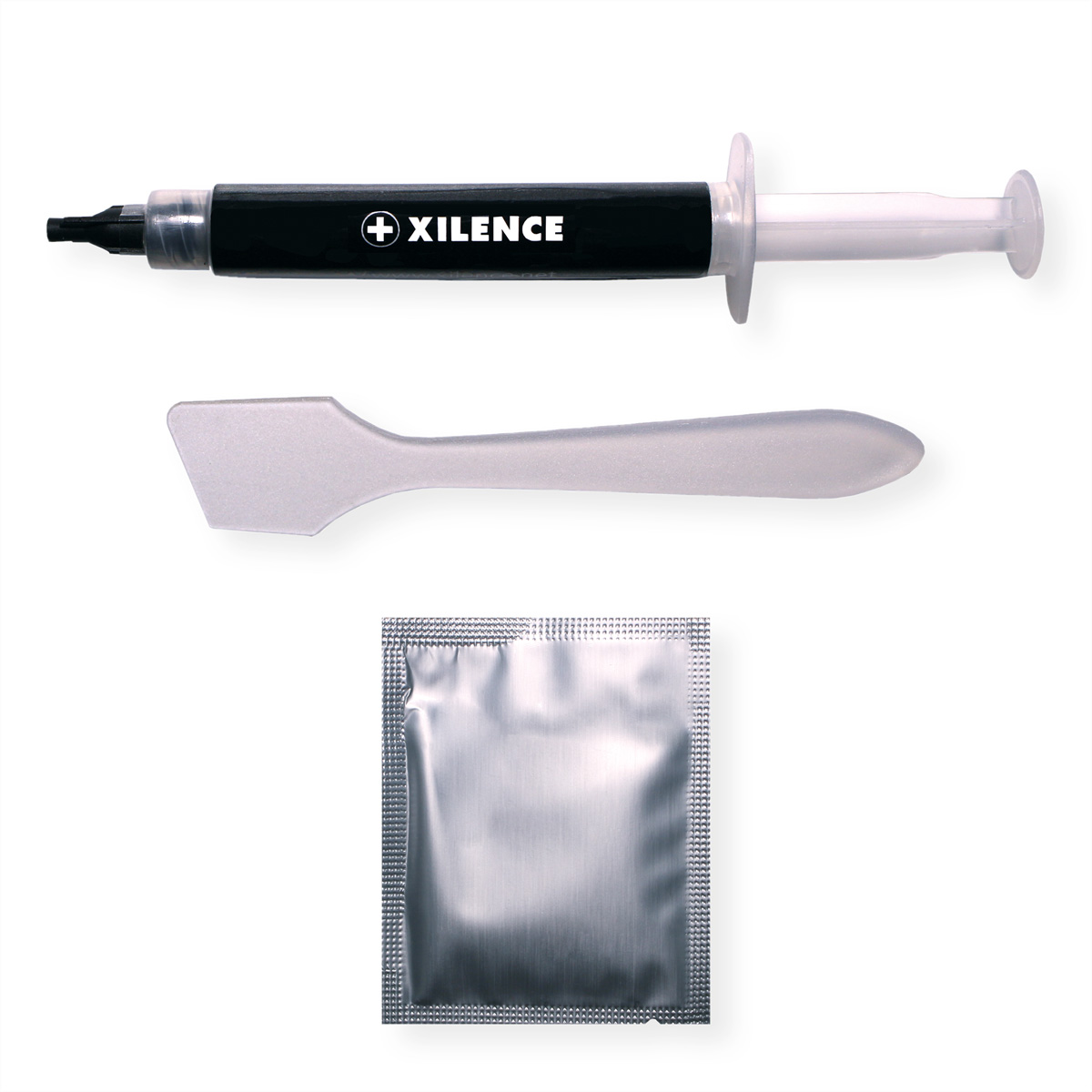 Pâte thermique Xilence, applicateur et un sachet sur fond blanc.