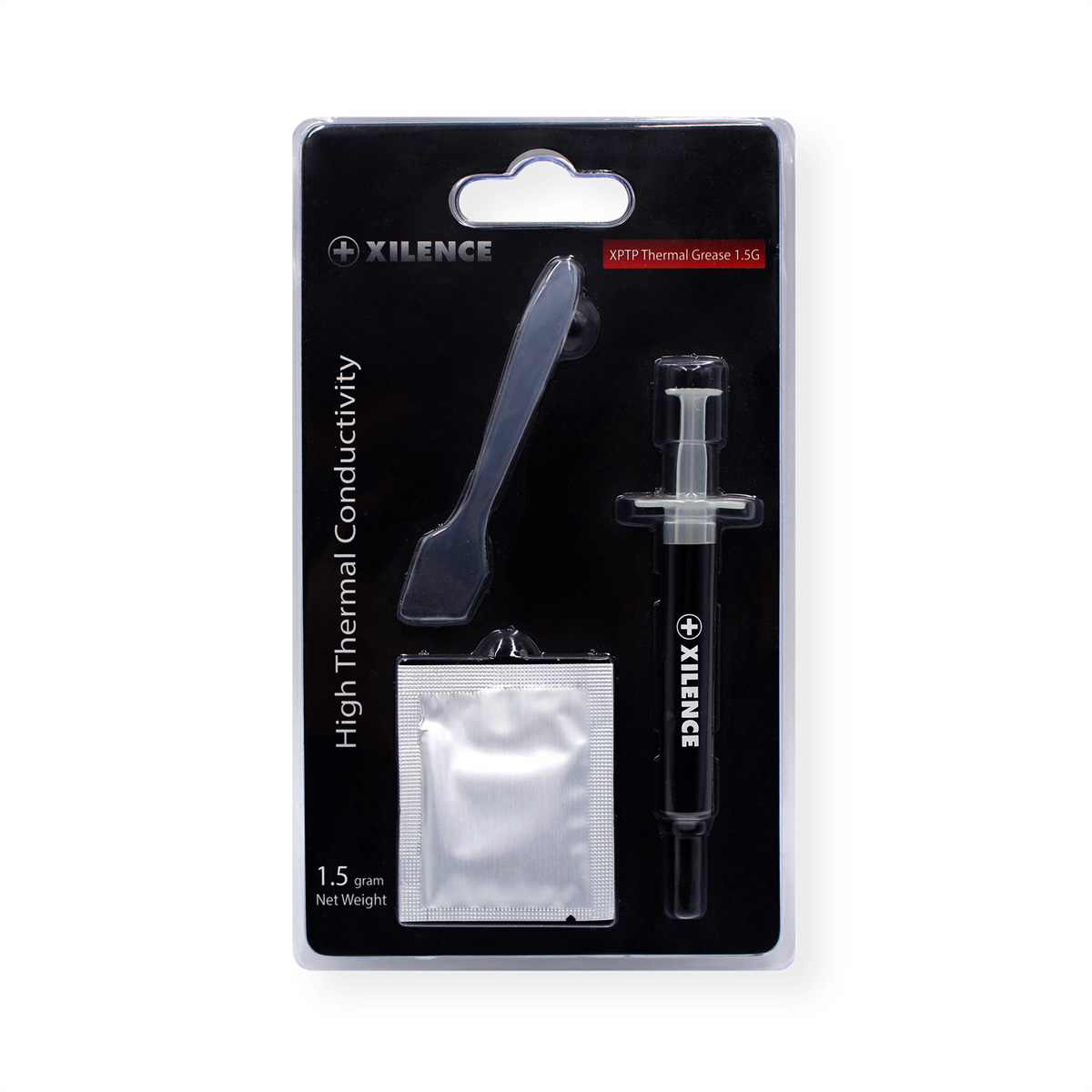 Kit de graisse thermique Xilence en plastique noir et transparent. Comprend seringue, spatule et sachet.