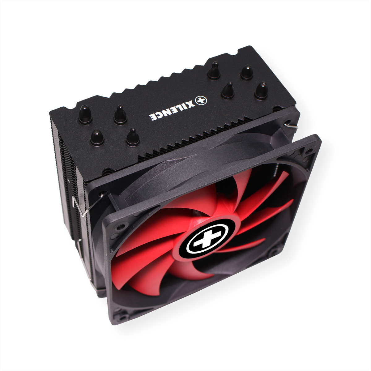 Vue de dessus d'un ventilateur d'ordinateur noir et rouge.