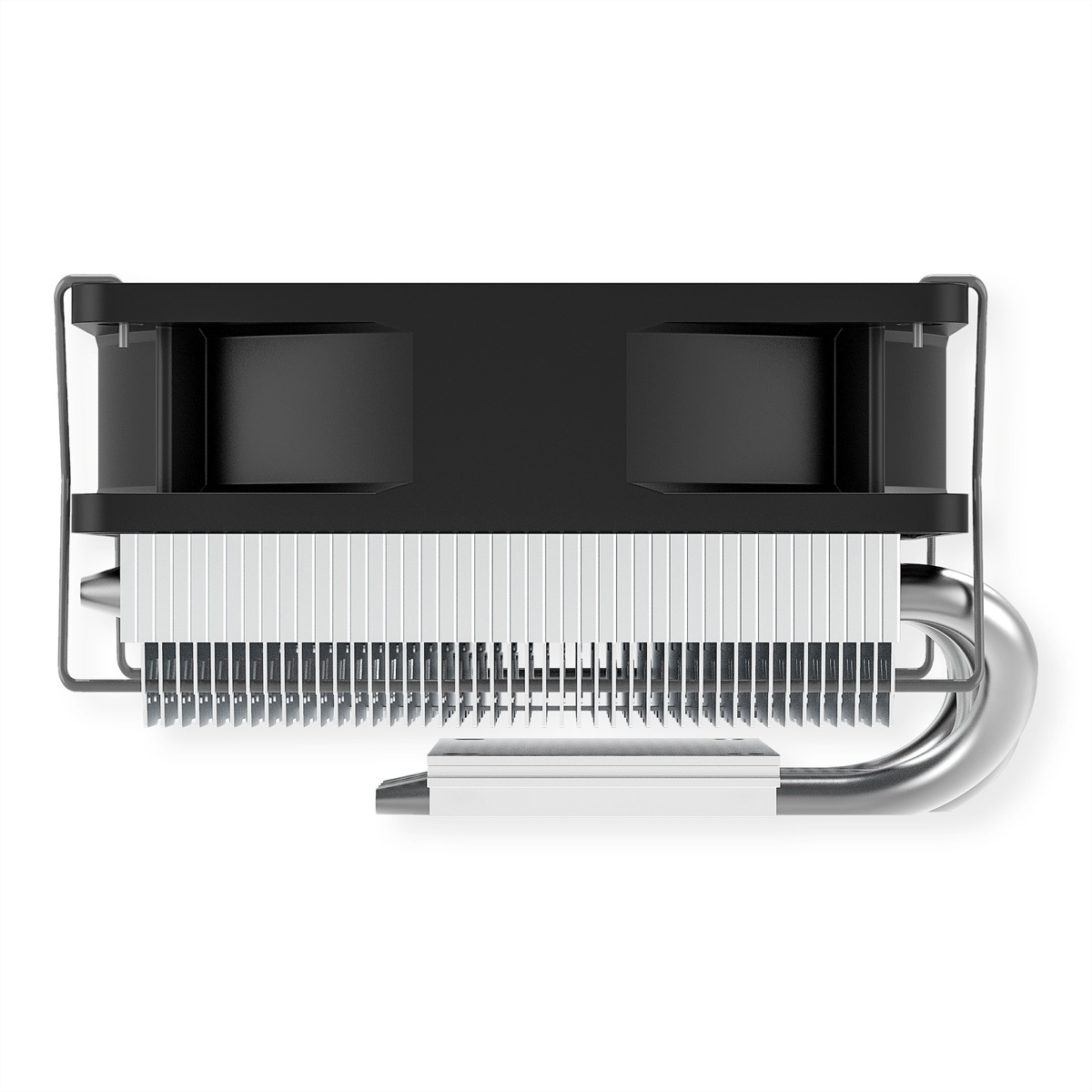 Draufsicht auf einen schwarzen CPU-Kühler mit Lüfter und Metallrippen.